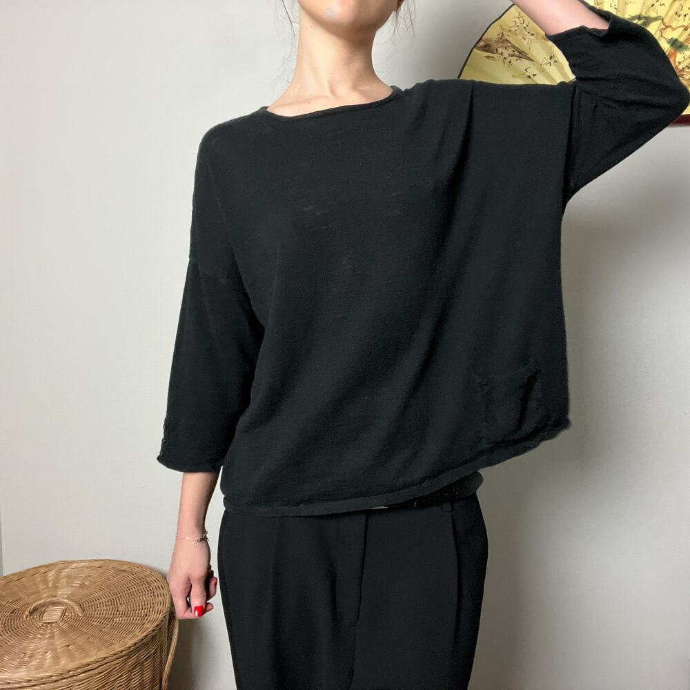 j jill black minimalist linen cotton knit boxy button long sleeve top